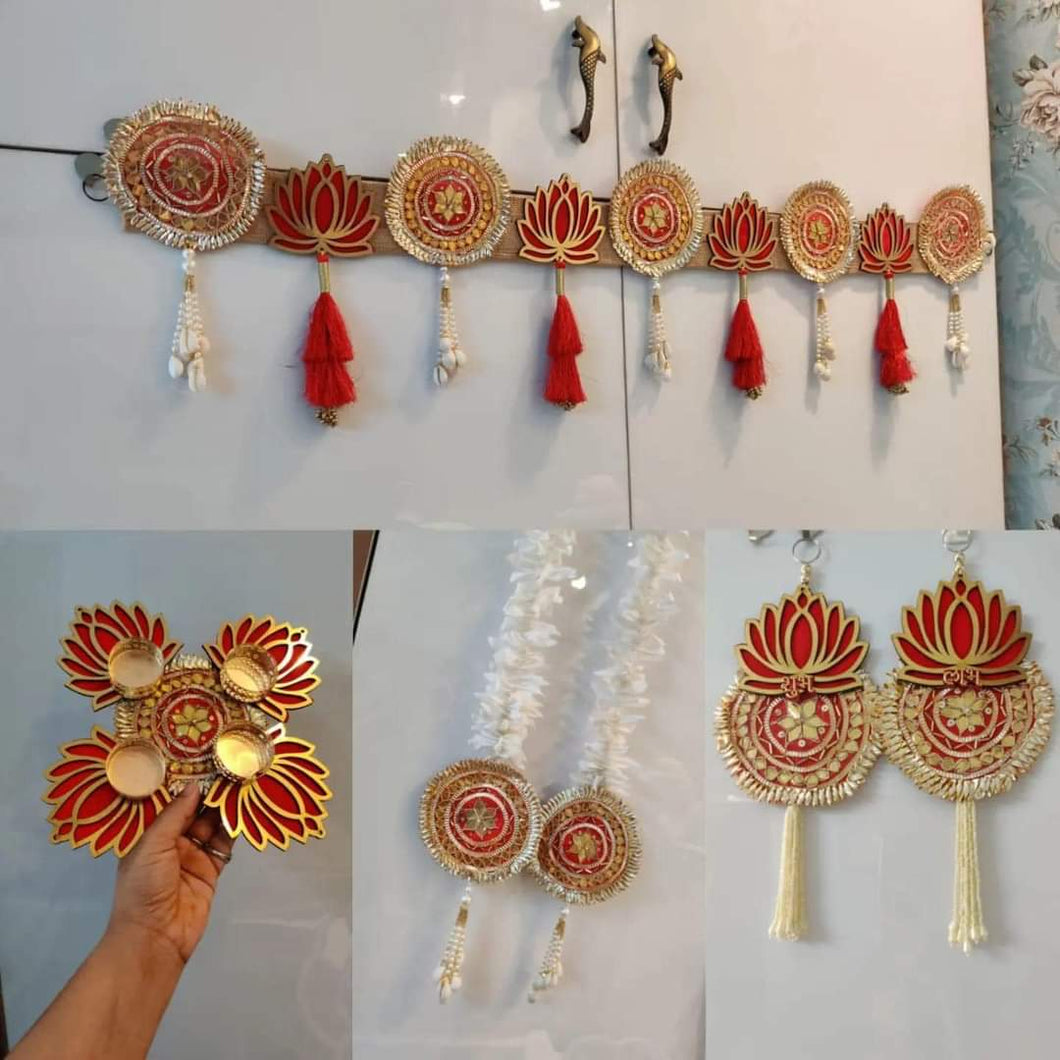 Lotus Toran set. 1 door toran, 2 hangings, 1 tea light holder, 2 door side hangings